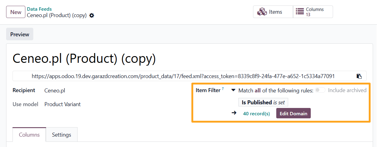 odoo ceneo product data feed item filter